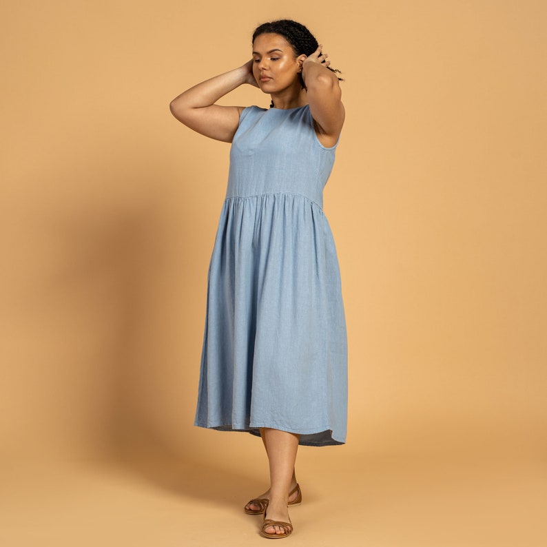Mela | Ärmelloses Midikleid aus Leinen mit lockerem Schnitt und Rundhalsausschnitt für Damen