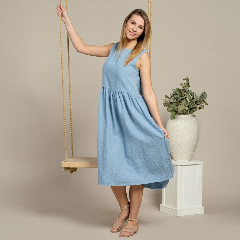 Mela | Ärmelloses Midikleid aus Leinen mit lockerem Schnitt und Rundhalsausschnitt für Damen