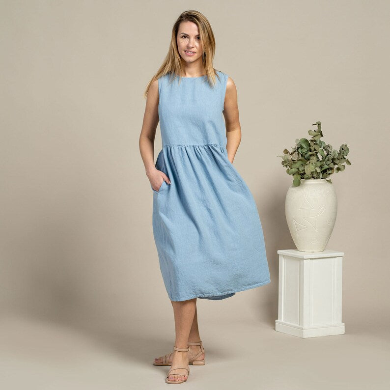 Mela | Ärmelloses Midikleid aus Leinen mit lockerem Schnitt und Rundhalsausschnitt für Damen