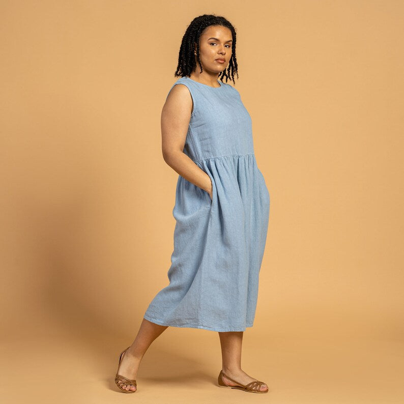 Mela | Ärmelloses Midikleid aus Leinen mit lockerem Schnitt und Rundhalsausschnitt für Damen