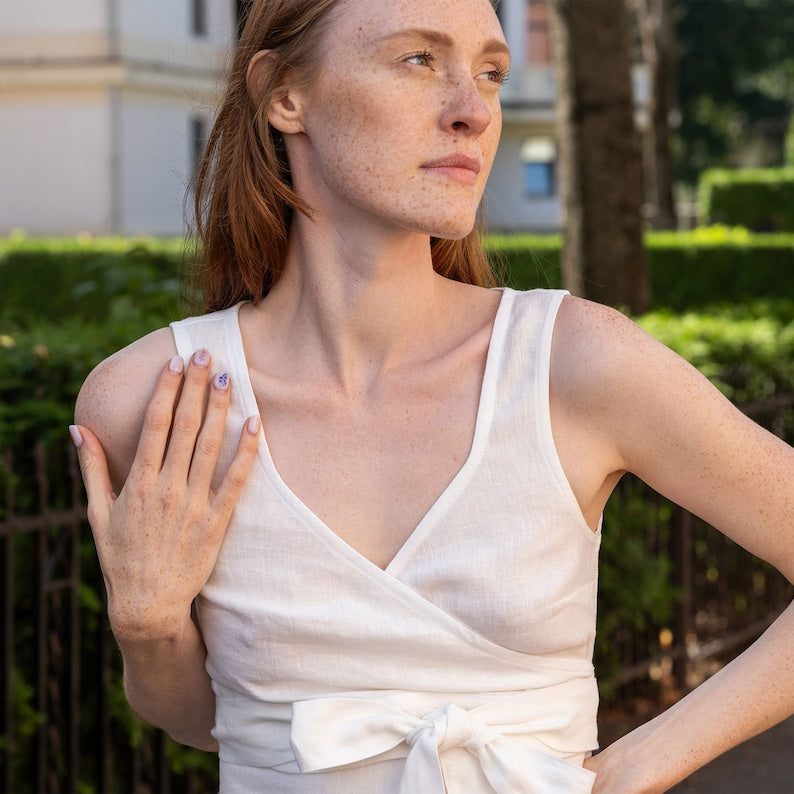 Nora | Wickel-Crop-Top aus Leinen mit breitem Schleifenband für Damen